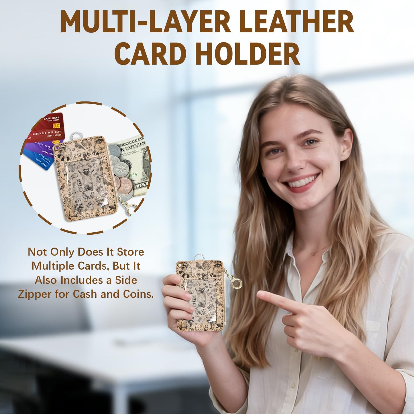 Leather Cute Badge Holder with Zipper Pocket, Raccoon Lanyards and 1 Zip Pocket and 4 Card Slots, Breakaway Lanyards with Metal Clasp for Offices, Staff, Adult, Employees