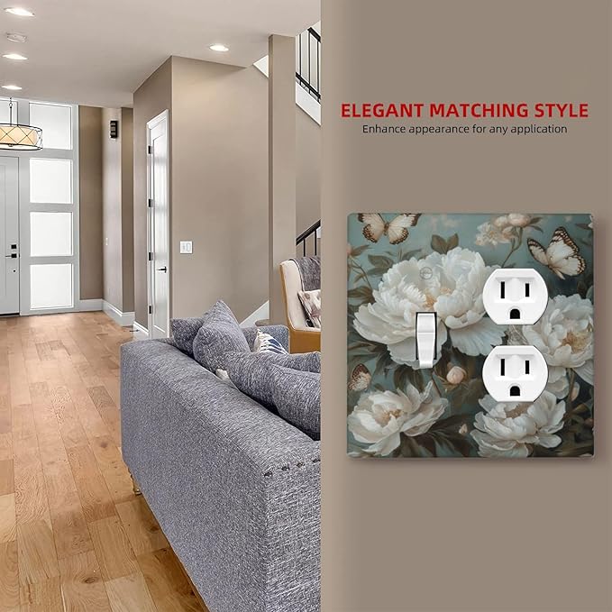 Decorative Art Light Switch Covers Butterflies & Peonies 2 Gang Single Toggle Duplex Combination Electrical Faceplate Switchplate Wall Plate for Home Decor