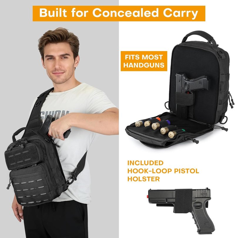 HUNTVP Tactical Sling Bag for Men - Concealed Carry Crossbody Backpack with Holster & Accessory Slots | Black