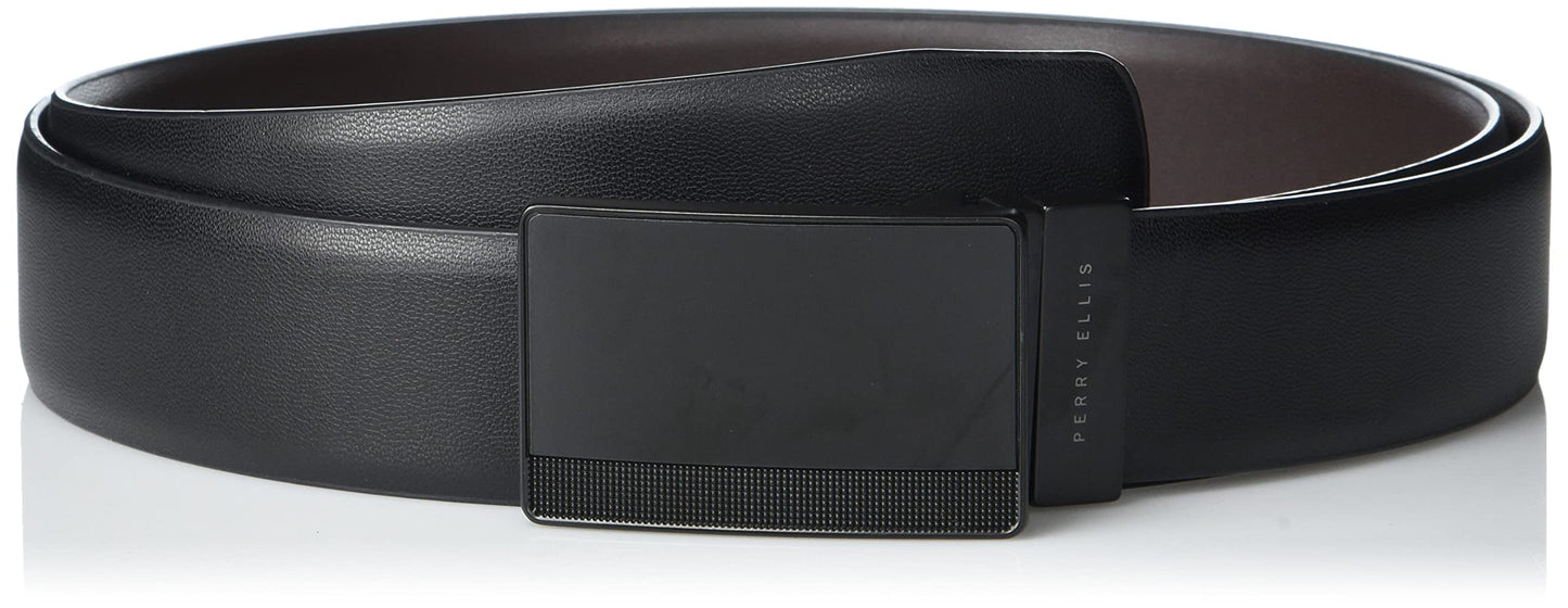 Perry Ellis Men's Reversible Leather Belt With Black Pattern Plaque, Blk20, 42
