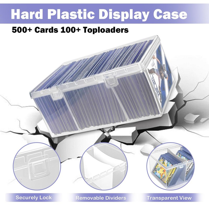 Trading Card Storage Box with 2 Dividers,Toploads Storage Box Plastic Baseball Card Storage Box for 500+ Sports Cards 100+ Top Loads for MTG Magic TCG Yugioh Playing Card Case Holder (1 Pack)