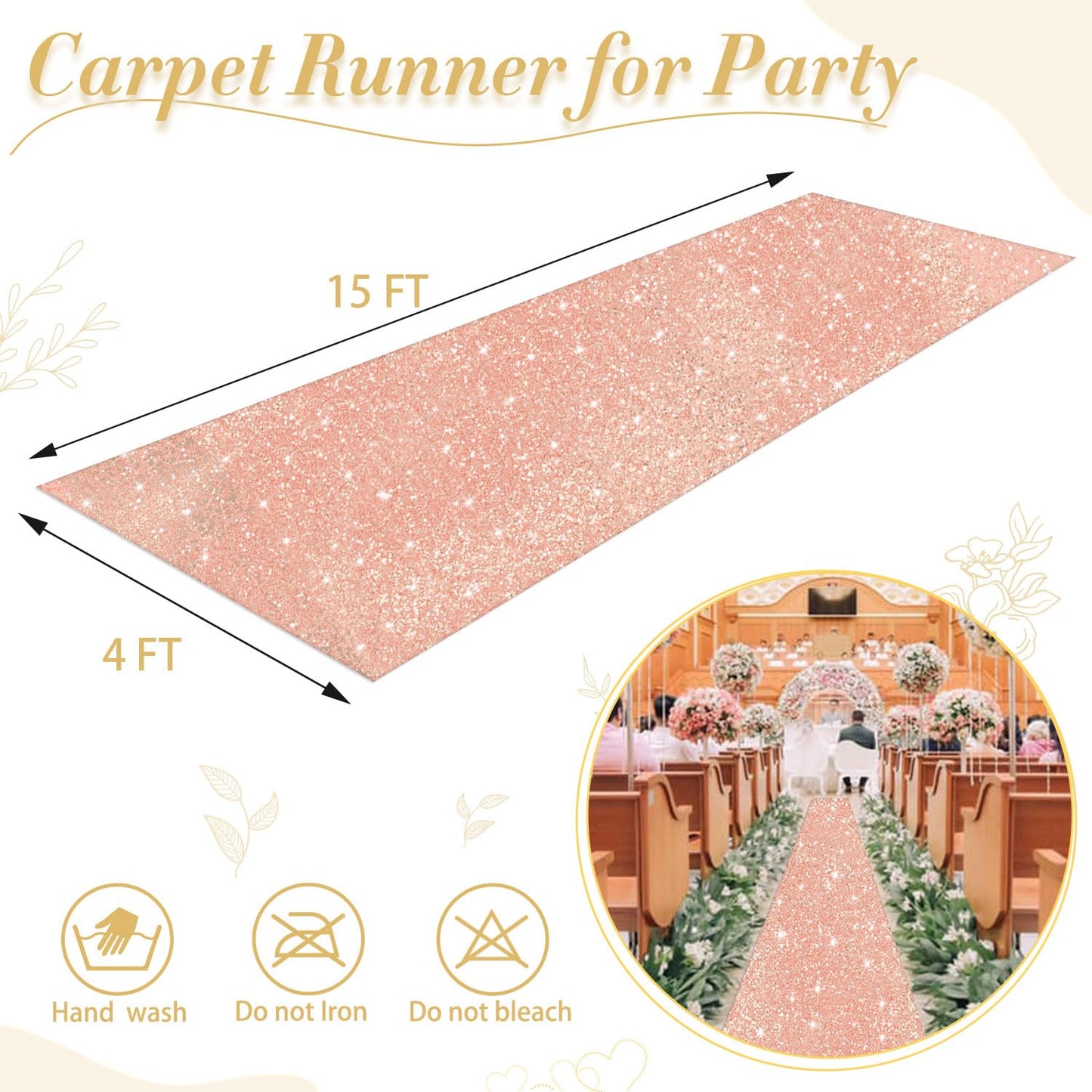 PATYDEST Rose Gold Carpet Runner Sequin Aisle Runner for Wedding Ceremony 4FTx15FT Glitter Wedding Runner Aisle Outdoor Aisle Runners for Bithday Banquet Parties Prom Decorations