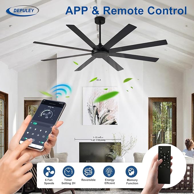 Depuley Black Ceiling Fan without Light: 72 Inch Indoor/Outdoor Fan Reversible DC Motor 6 Speed - Dual 8 Blades Large Ceiling Fans with No Light for Living Room Covered Patio