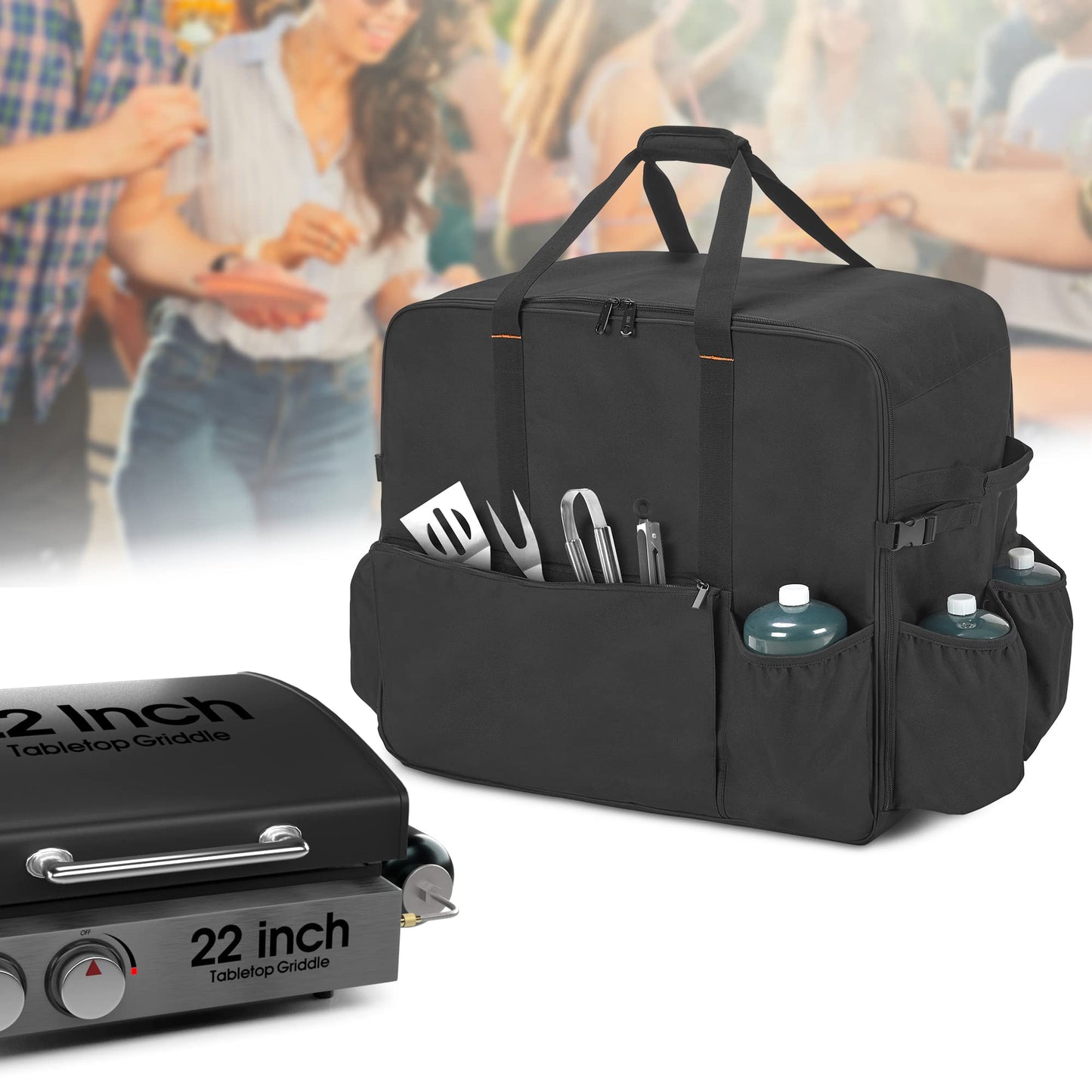 samdew Carry Bag for 22 Inch Tabletop Griddle with Hood, Outdoor Grill Cover Compatible with Blackstone 22 Inch Tabletop Griddle with Hood, Portable Camping Grill Storage Case with Pockets, Bag Only