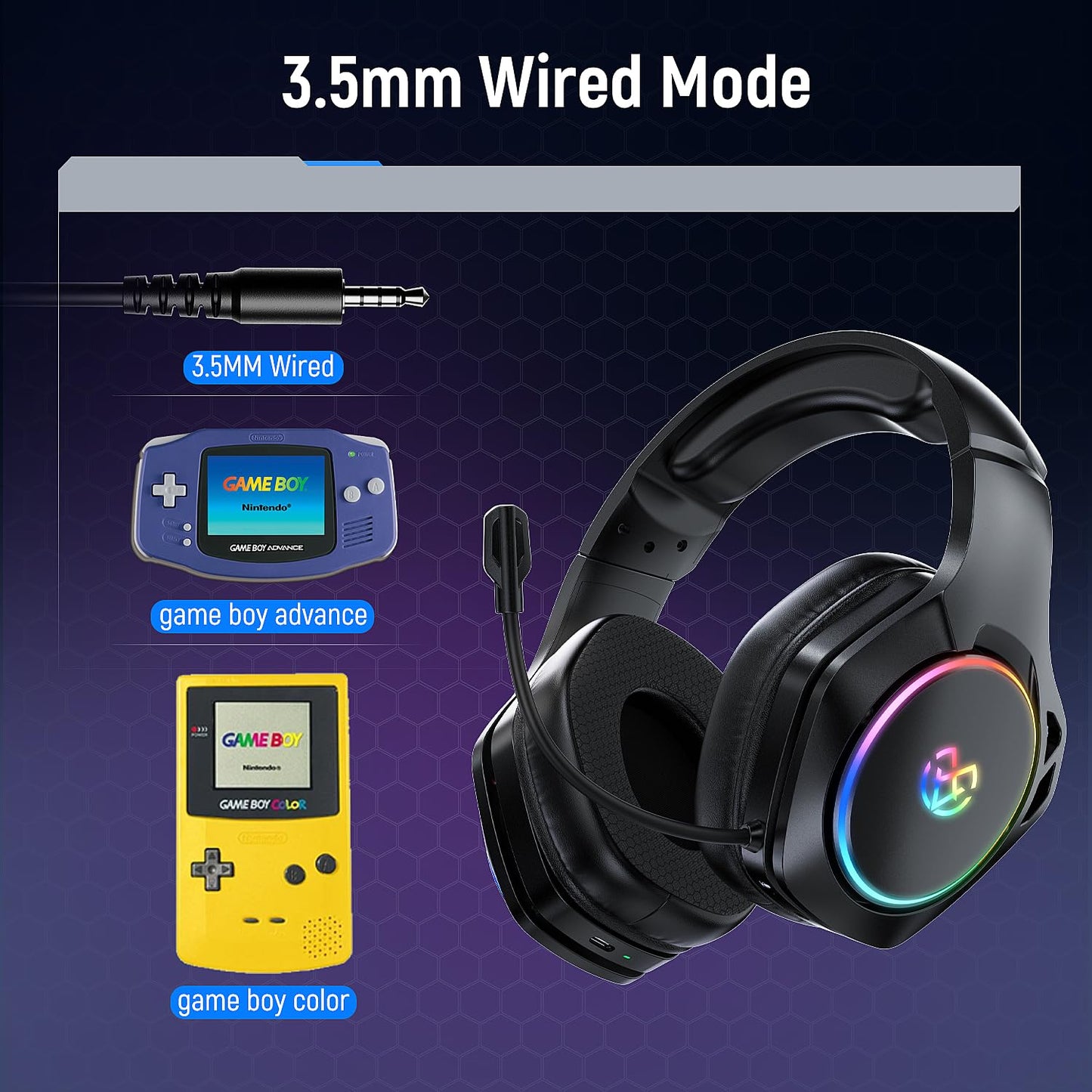 Tatybo Wireless Gaming Headsets for Ps5 Ps4 PC, 2.4GHz USB & Type-C Gaming Headphones, 40H+ Hrs & 7.1 Surround Sound with Noise Canceling Microphone for Switch Phone