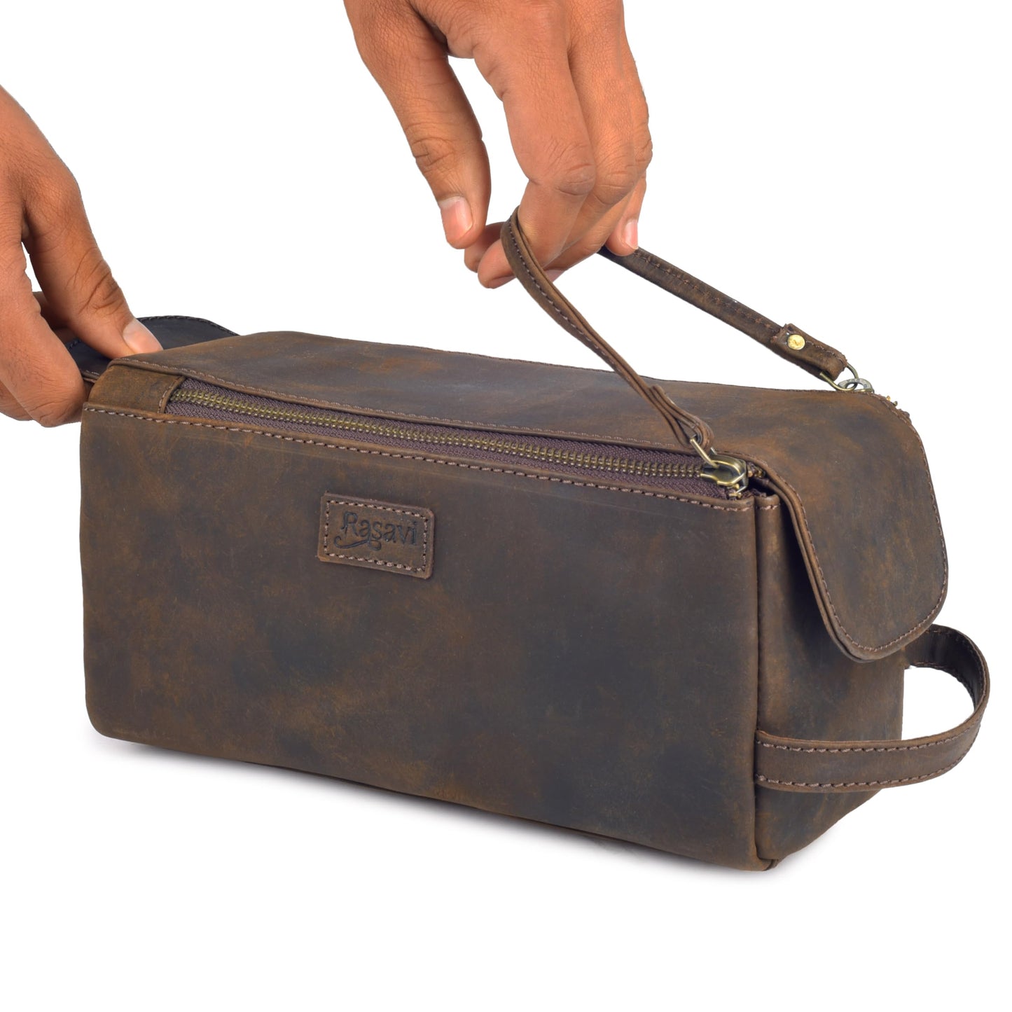 Rasavi Genuine Leather Travel Toiletry Bag for Men & Women, Handcrafted Vintage Dopp Kit, Water-Resistant Shaving & Bathroom Essentials Organizer - Rustic Brown