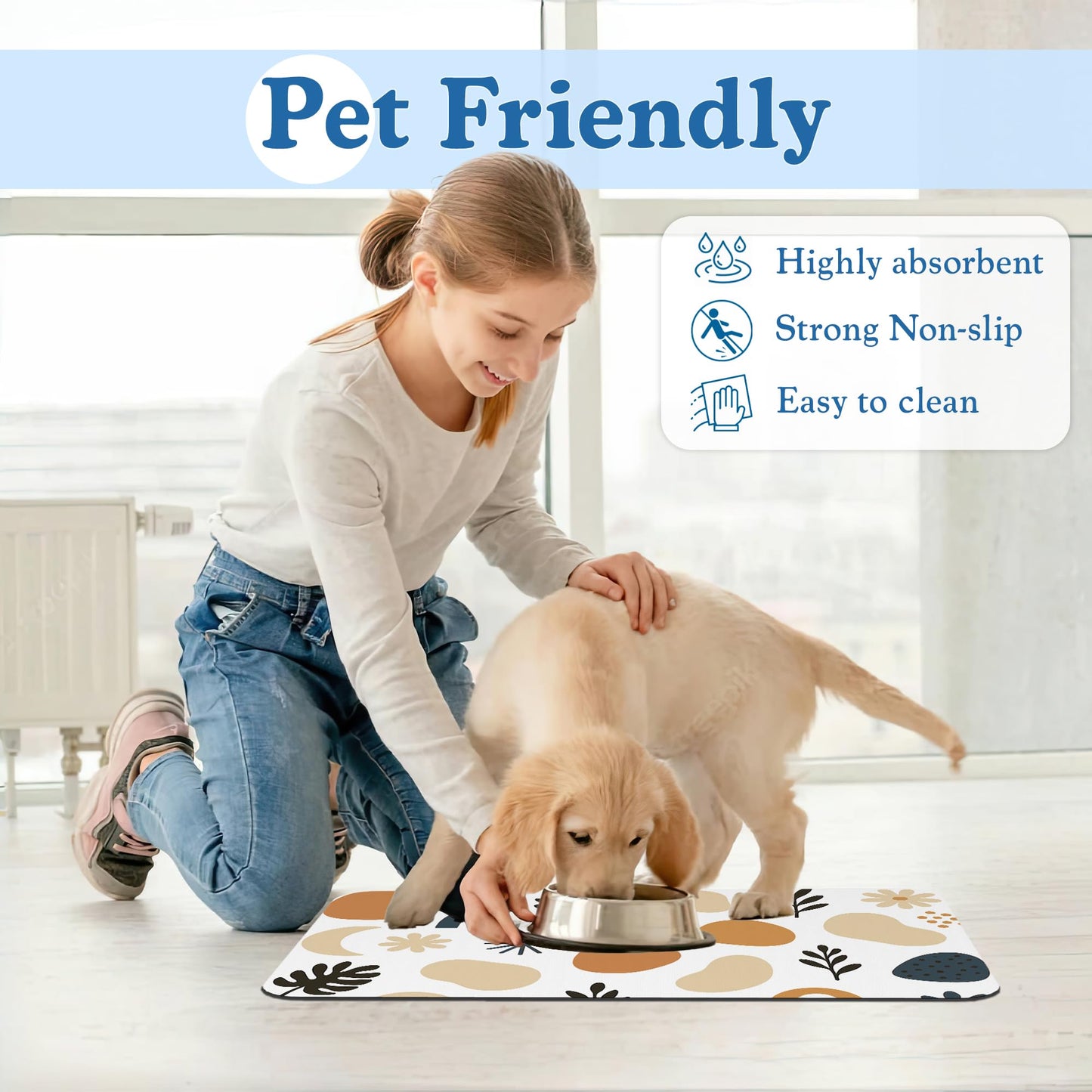 Boho Style Dog Food Mat–Absorbent Quick Dry Feeding Placemat for Food and Water Bowls, Non Slip Rubber Backing, Waterproof Pet Supplies for Mess-Free Eating 12"x20"