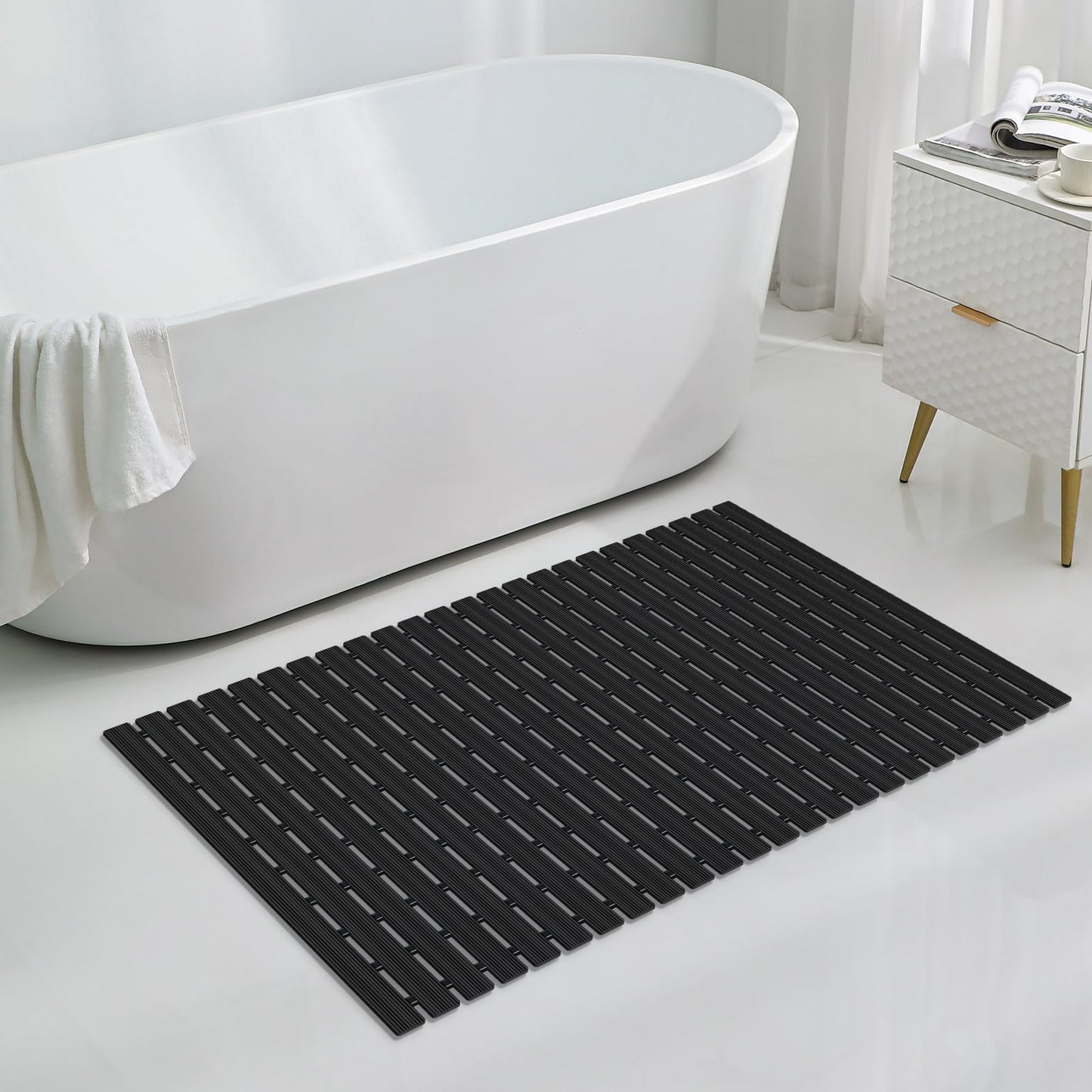 OTHWAY Large Shower Mat, 35.4 x 24 Inch No Suction Cup Shower Mat Non Slip, Quick Drain Non Slip Shower Mats for Inside Shower, Heavy Duty Curlable PVC Stand up Shower Floor Mat, Black
