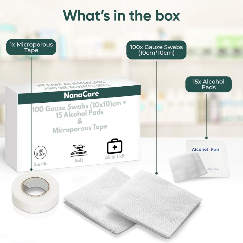 100pc Sterile 4x4 Non-Stick Gauze Pads with Adhesive Medical Tape & 15 Alcohol Wipes – Hypoallergenic Highly Absorbent Non-Adherent Dressing Sponges for Effective Wound Care and First Aid Supplies