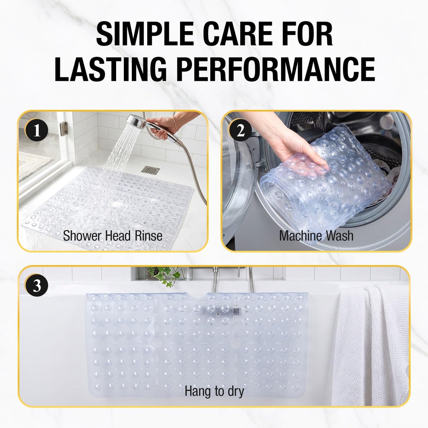 HITSLAM Square Shower Mat 27x27 Inch, Extra Large Non Slip Shower Mats for Inside Shower Stall, Anti Slip Bath Floor Mat with Strong Suction Cups & Drain Holes, Machine Washable, Clear