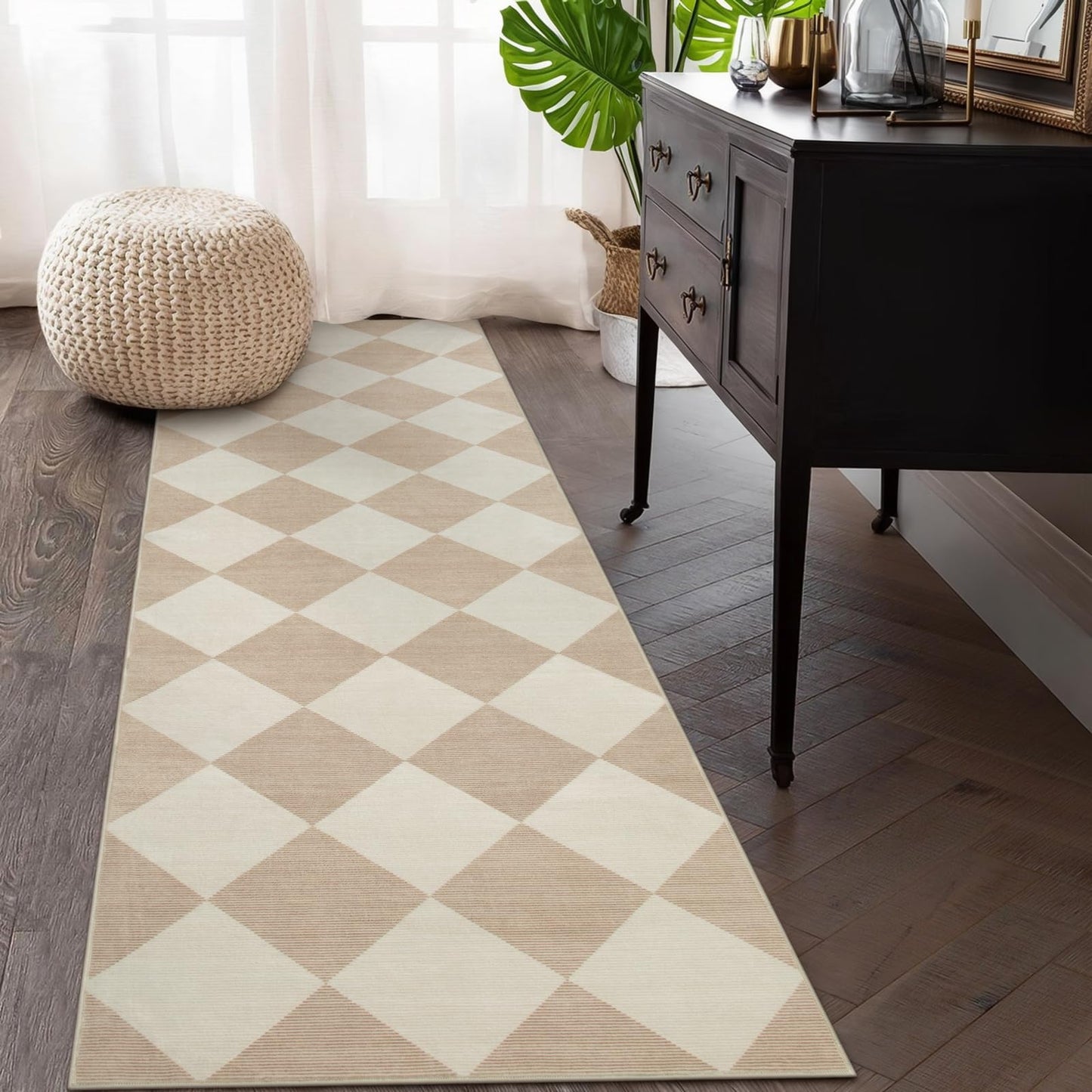 Beeiva Checkered Print Rug Runners for Hallways Non Slip 2.5x8, Ultra Thin Beige Kitchen Runner Rugs Non Skid Washable, Classic Neutral Gingham Decor Faux Wool Carpet for Bathroom Bedroom Entryway