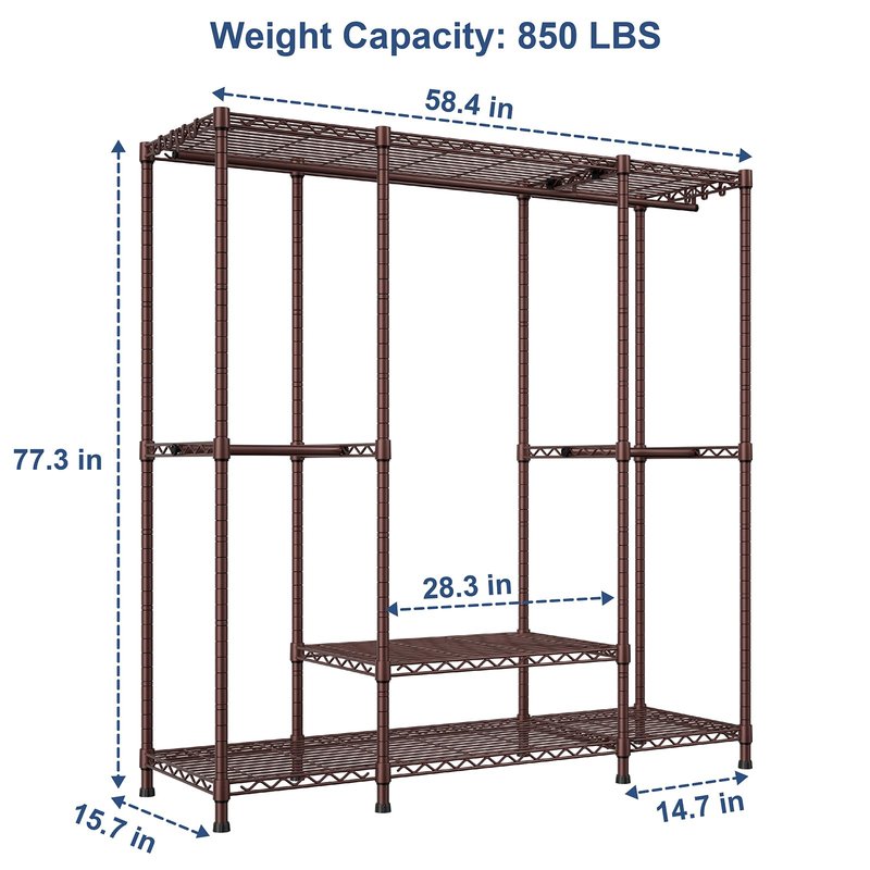 Ulif E3 Heavy Duty Garment Rack, 4 Tiers Freestanding Closet Organizer System with 5 Shelves, Metal Closet Organizer and Storage System for Clothes, Max Load 850lbs, 58.4"W x 15.7"D x 77.3"H, Bronze