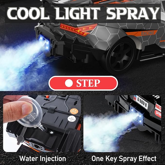 Remote Control Car RC Drift Car 1:16 Scale 4WD 18KM/H High Speed Model Vehicle 2.4GHz with LED Lights Spray Rubber Tire Racing Sport Toy for Adults Boys Girls Kids Gift 2Pcs Rechargeable Batteries