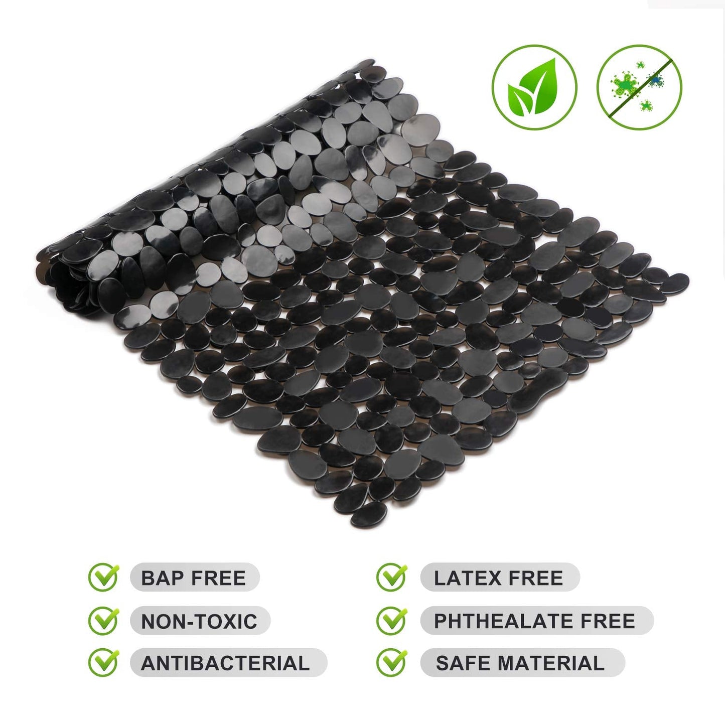 WELTRXE Non Slip Bathtub Mat 35 x 16 Inches Pebbles Shower Mats with Suction Cups, Drain Holes for Bathroom Showers, Tub, Machine Washable Bathroom Mats BPA, Latex Free Safe Tub Mats - Black