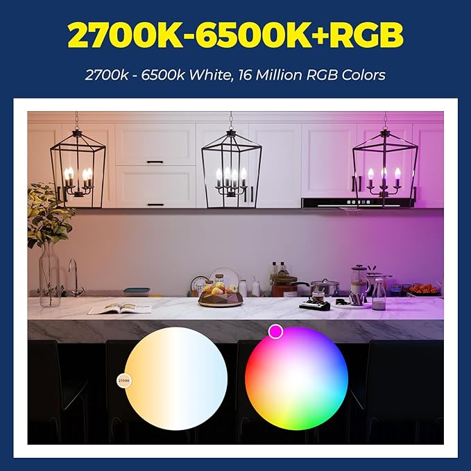 Lightinginside E12 Smart Light Bulbs 60W Equiv., Work with Alexa/Google Home/Smart Life, 500LM 6W RGBCW Candle Candelabra LED Light Bulbs, No Hub Required, 2.4G WiFi Bluetooth Bulb, ETL Listed, 6PCS