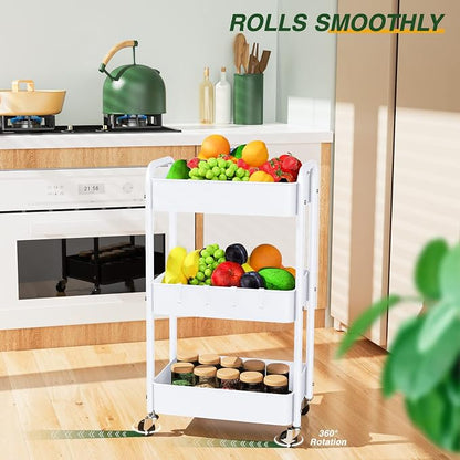 LEHOM 3 Tier Rolling Cart, Metal Rolling Utility Cart with Lockable Wheels & Hooks, Multi-Functional Heavy Duty Storage Cart Organizer for Bathroom, Kitchen, Office, Living Room
