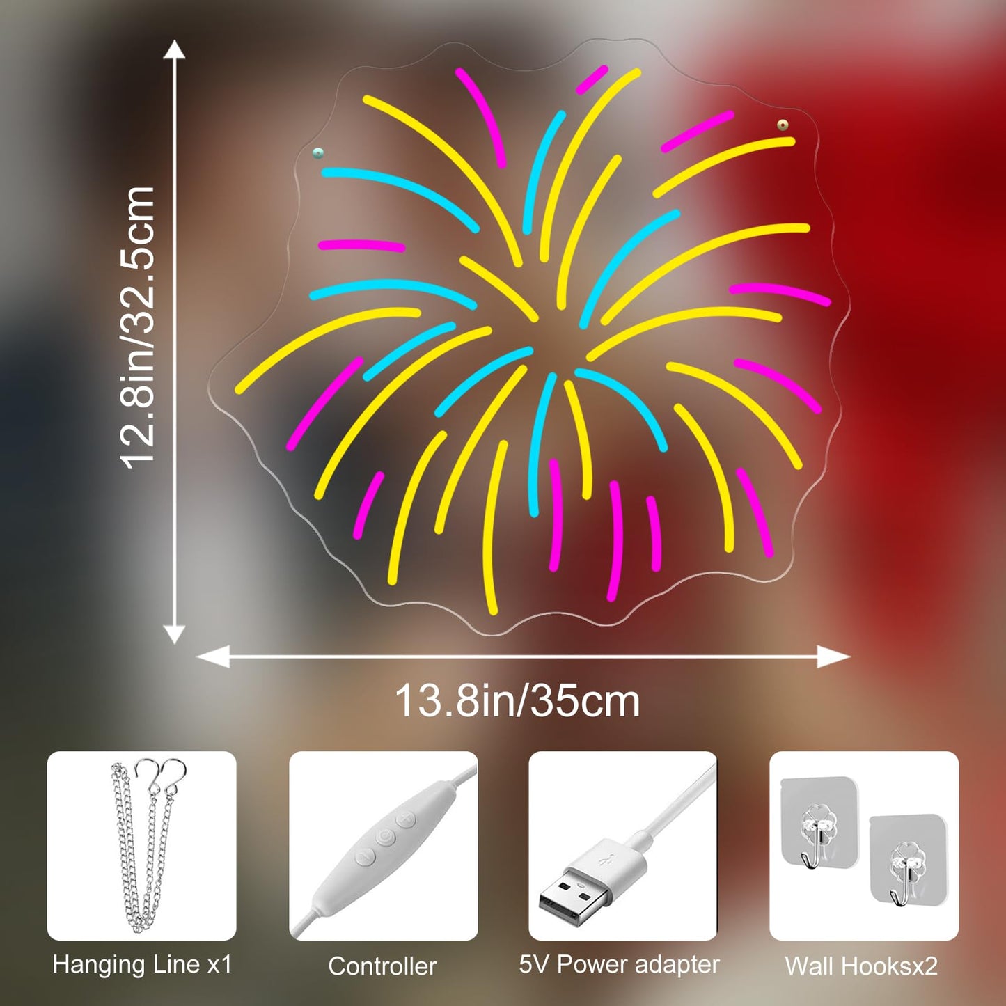 Fireworks Neon Sign 13.8x12.8in LED Wall Light USB Powered Decorative Sign for New Year Party Holiday Celebration Bedroom Living Room Wedding Party Decor