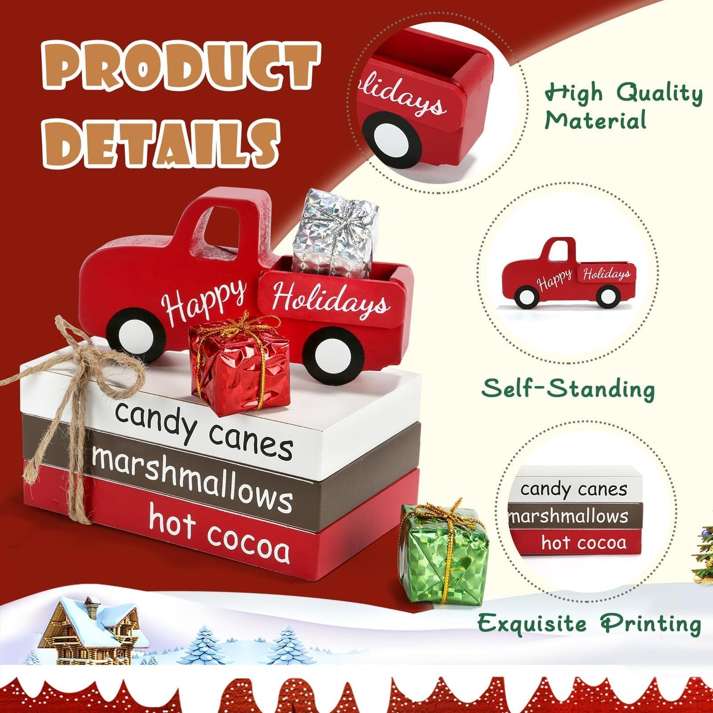 Christmas Decoration 7PCS Table Centerpieces, Tabletop Christmas Tiered Tray Shelf Mantel Fireplace Coffee Bar Office Desk Decor Farmhouse Xmas Wood Faux Book Sign and Gift Boxes Holiday Decoration