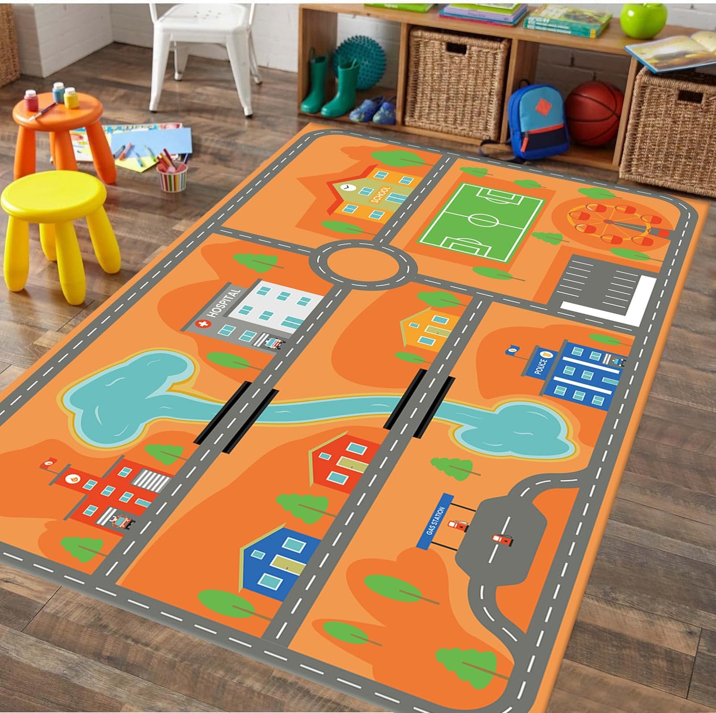 LHOMKCV Children's Play Rug, 6x8ft, Kids Car Play Rug, City Life Traffic Road Kids Rug, Children Educational & Game Area Rug, Train Rug Non-Slip Foldable Play Mat for Bedroom Playroom Nursery