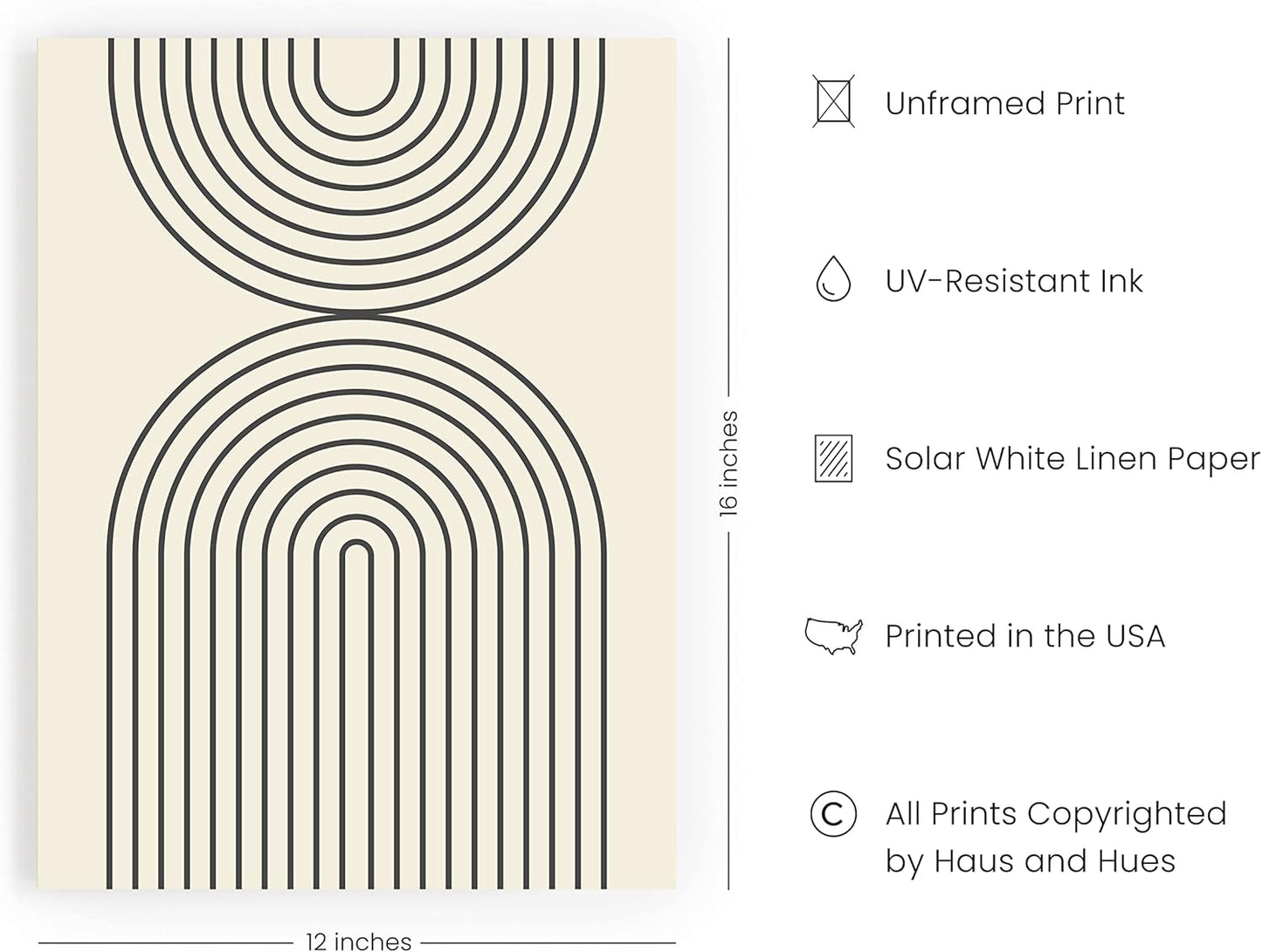 HAUS AND HUES Neutral Wall Art Prints for Wall Decor - Boho Art Wall Prints Modern, Abstract Geometric Print, Mid Century Art, 12x16 UNFRAMED (Black Semi Circles)