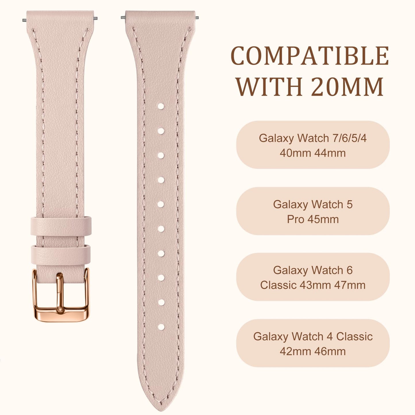 GEAK Slim Leather Band Compatible with Galaxy Watch 7 Band/6 5 4 FE 40mm 44mm/5 pro 45mm/Classic/Galaxy Active 2, 20mm Genuine Leather Strap with Quick Release Buckle for Samsung Watch Bands Women