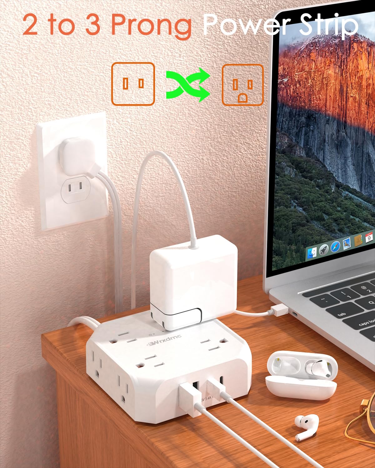 2 Prong Power Strip, WRXDMC 2 Prong to 3 Prong Outlet Adapter,1400J Two Prong Surge Protector, 5ft Extension Cord, 8 AC Outlets with 2 USB C Port and 2 USB A Port, Wall Mountable, Ideal for Old House