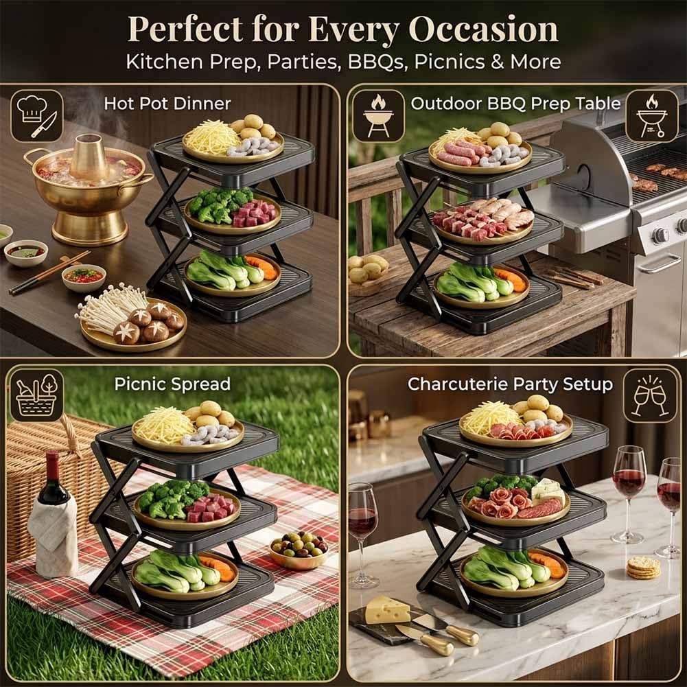 Multi-Layer Dish & Prep Tray Storage Rack, 3-Tier Foldable Food Prep Storage Rack, Easy to Store, Space-Saving, Food Prep Rack for Parties, Picnics, Kitchens & Outdoor BBQ (White*1)