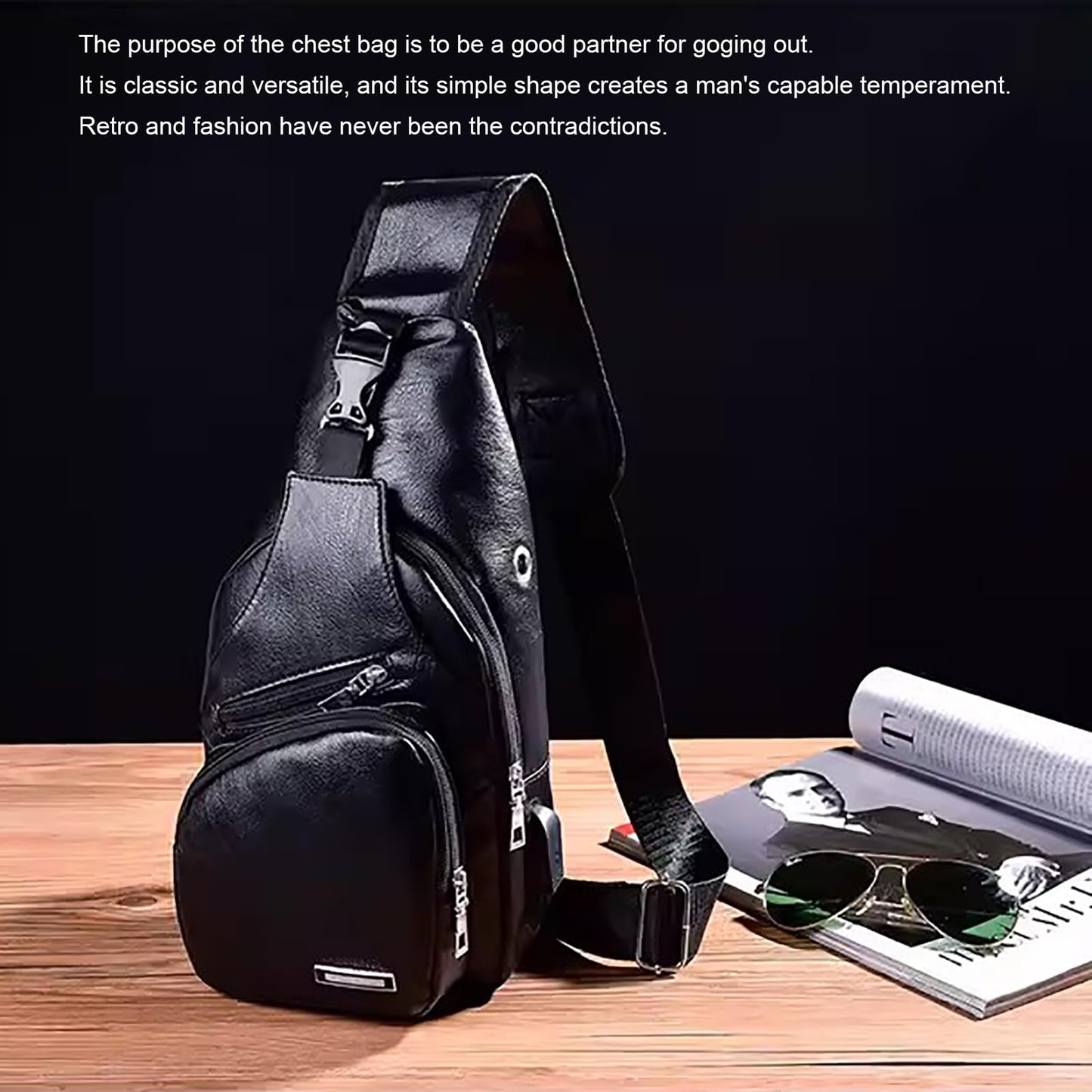 Peicees Leather Sling Bag Mens Crossbody Chest Bag Sling Backpack with USB Charge Port