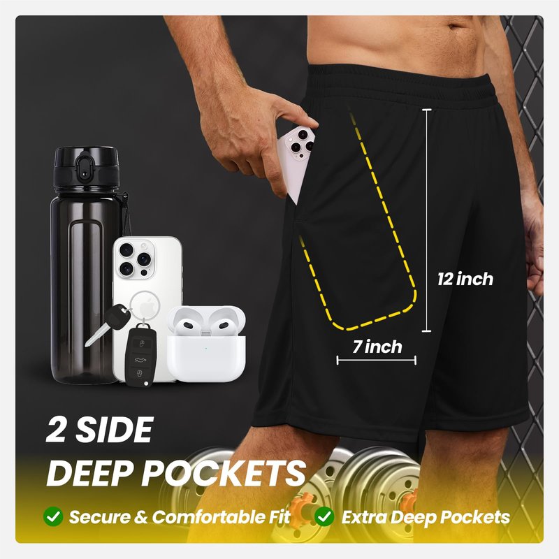BALENNZ Athletic Shorts for Men with Pockets and Elastic Waistband Quick Dry Activewear Black