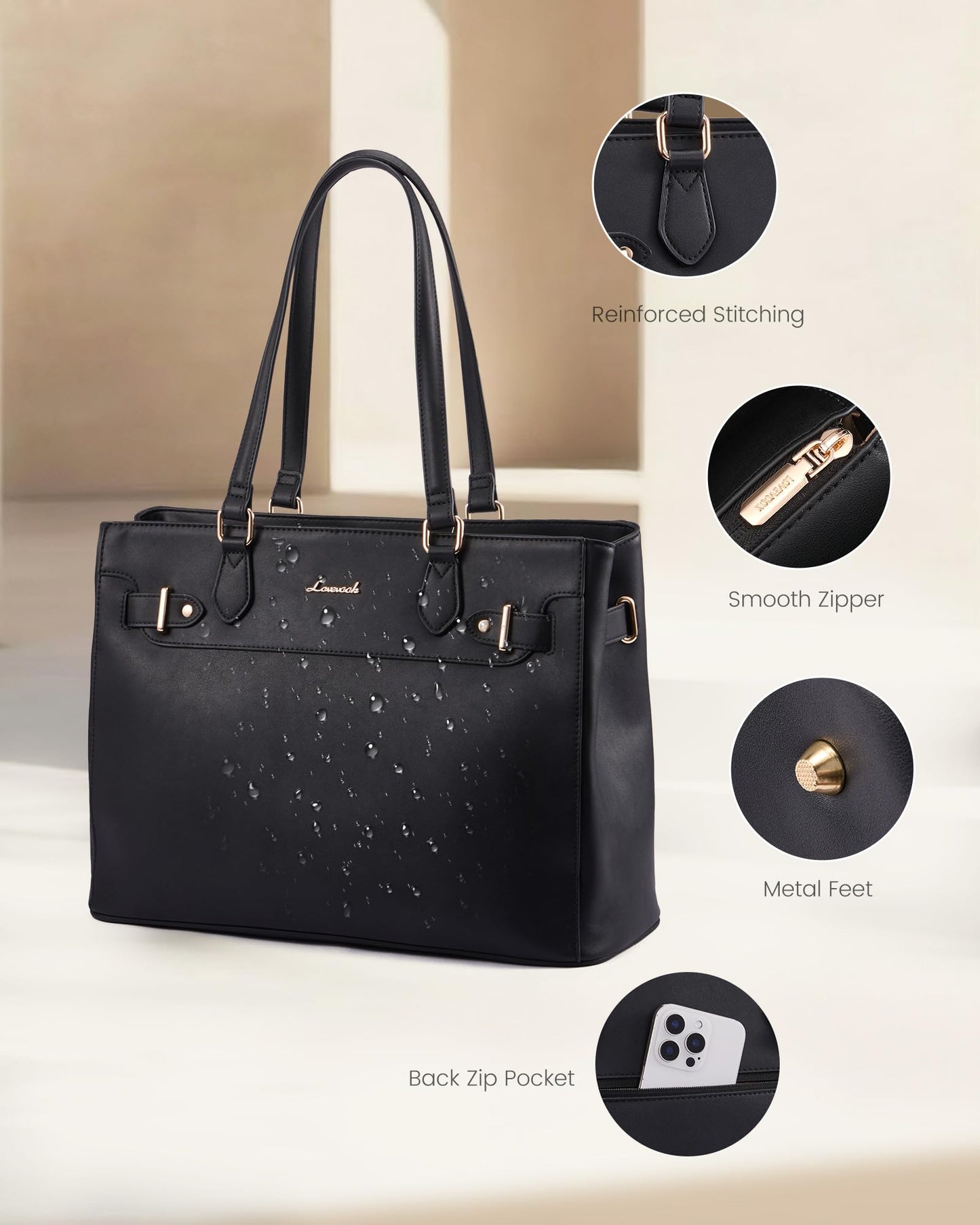 LOVEVOOK Laptop Tote Bag for Women Work, Teacher Tote Bag Nurse Bag with Large Cup Holder, 15.6 Inch Waterproof Leather Computer Bag Professional Business Office Briefcase, Black