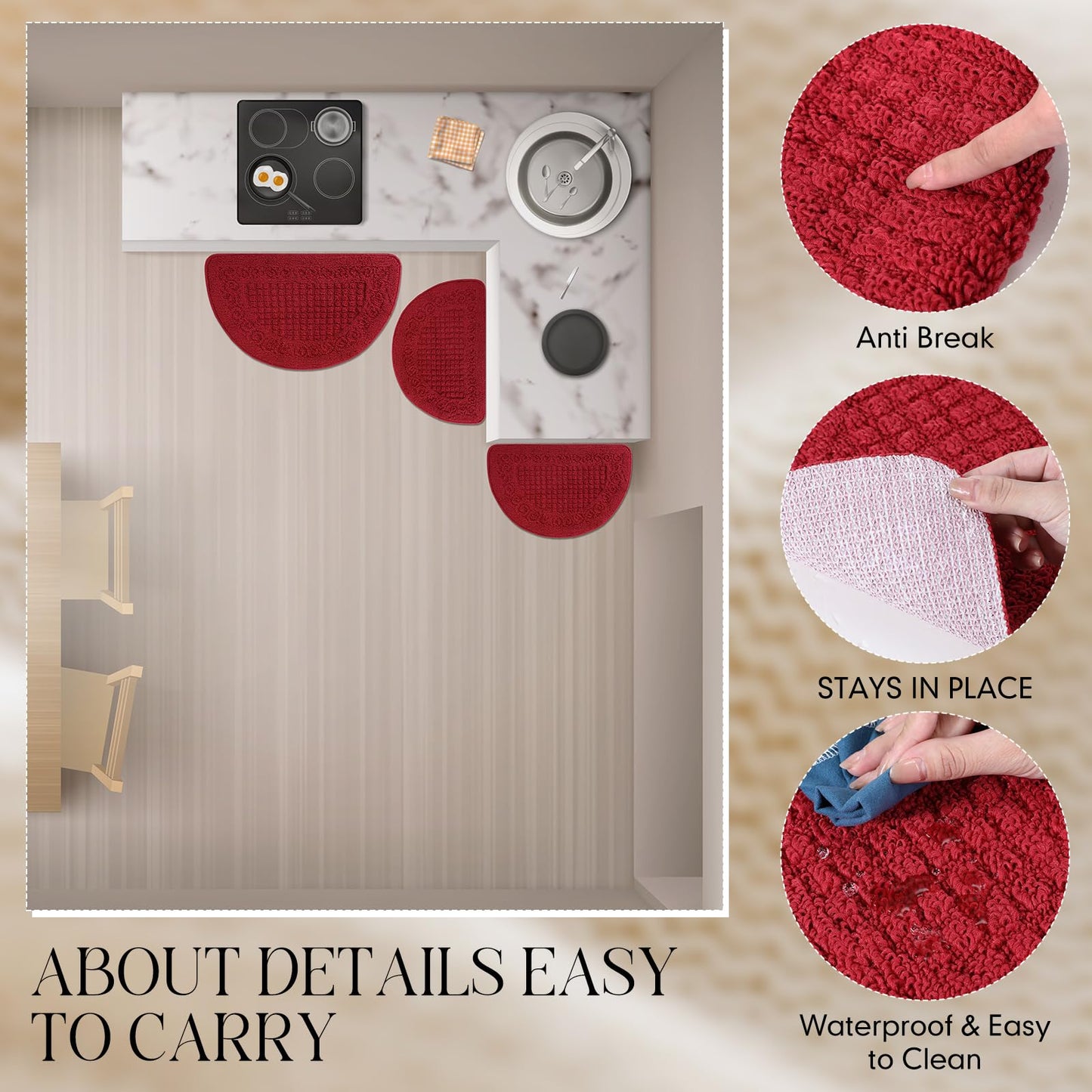Drydiet 2 Pcs Kitchen Rugs 15 x 22 Inches 18 x 30 Inches Kitchen Mats Non Skid Washable Doormat Indoor Entrance Absorbent Standing Half Circle Carpet for Home Floor Patio Garage Door(Red)