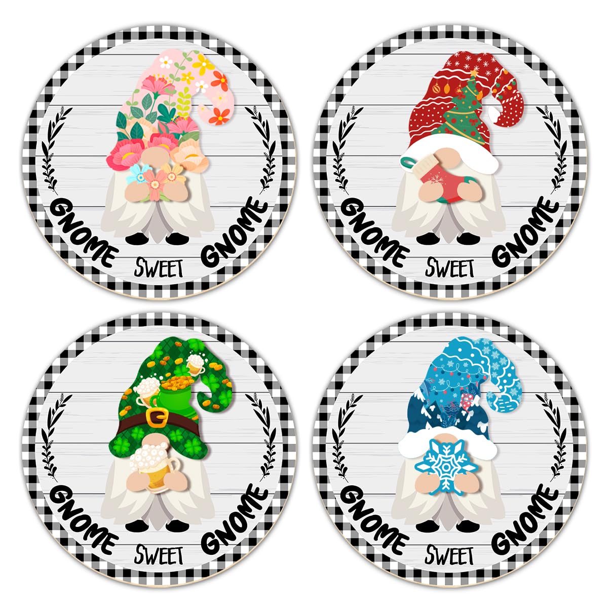 Interchangeable Gnome Welcome Sign Summer Patriotic 4th of July Door Decoration, Changeable Front Porch Decor Wood Wreath Gnomes Gifts for Spring Fall Winter All Seasons Holiday, Antique White