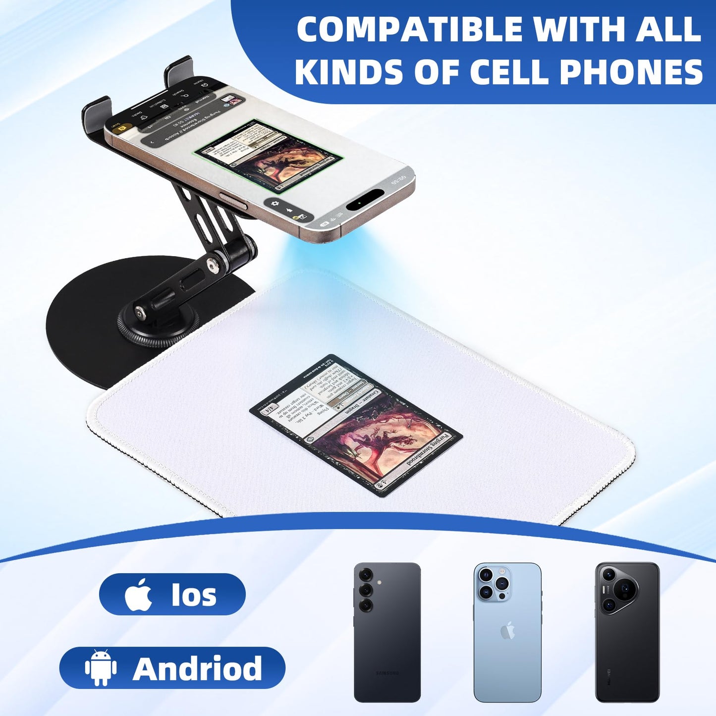 Utllsitm Foldable MTG Trading Card Scanner Stand,Carbon Steel Phone Holder Includes 50 Standard Size Card Sleeves and Scanning Pad,Ideal for Quickly Scan and Price Check,Available for ManaBox