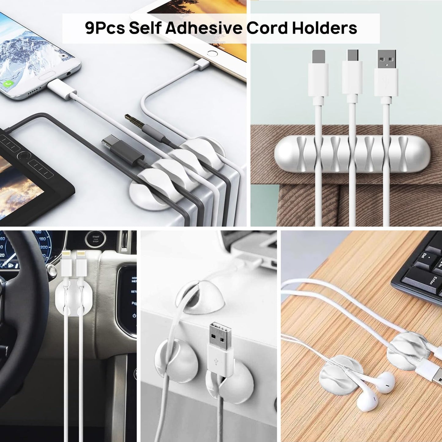 Ditar Cable Management Kit - 4 Cable Sleeve, 28 Self Adhesive Cable Clips, 29 Cord Holders, 10+2 Roll Cable Organizer Straps and 100 Fastening Cable Ties for TV Computer Under Desk (White)