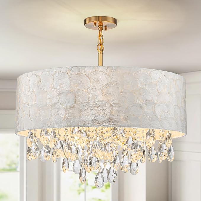 6-Lights Drum Capiz Shell Crystal Chandeliers, Coastal Style Pendant Light Fixture for Dining Room, Living Room, D24 x H23~71 inch(Adjustable), Shell Lampshade & Gold Finish