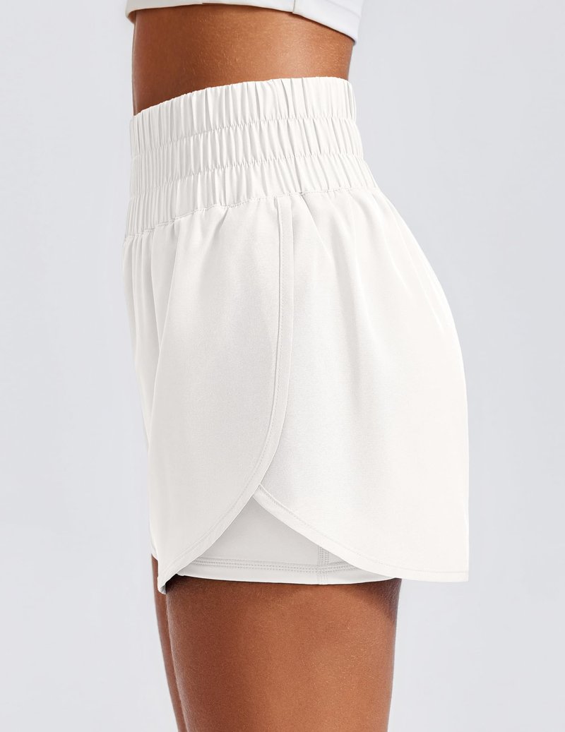 PINSPARK Women's Running Shorts High Waisted 3 Inch Athletic Active Sports Shorts Skin-Friendly Double Layer Workout Gym Yoga Shorts with Pockets, White Medium