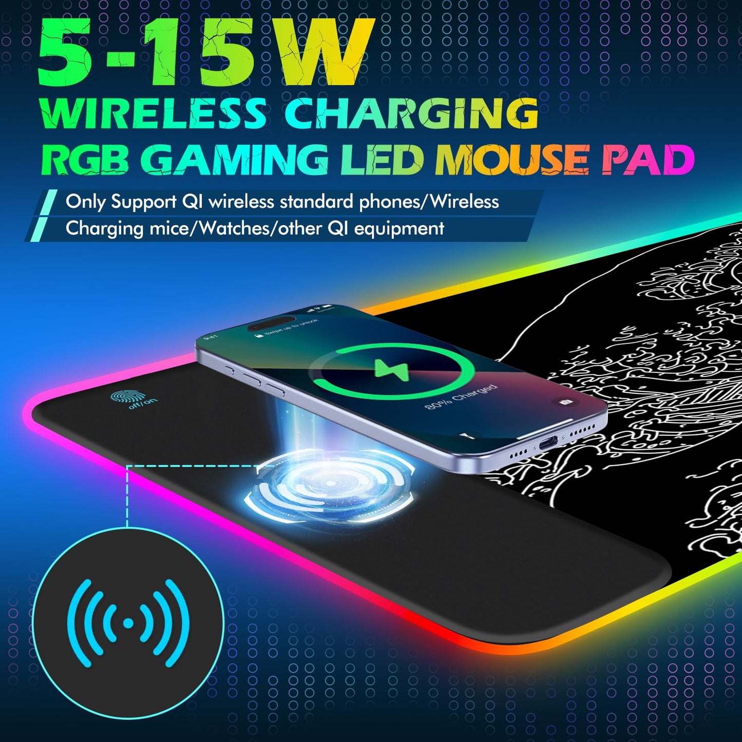 ToLuLu RGB Gaming Wireless Charging Mouse Pad, 5/7.5/10/15W 10 Light Modes LED Mouse Pad Computer Keyboard Mat Mousepad, 800x300x4MM Extended Large Desk Mat for Gaming, MacBook, Laptop, PC, Galaxy