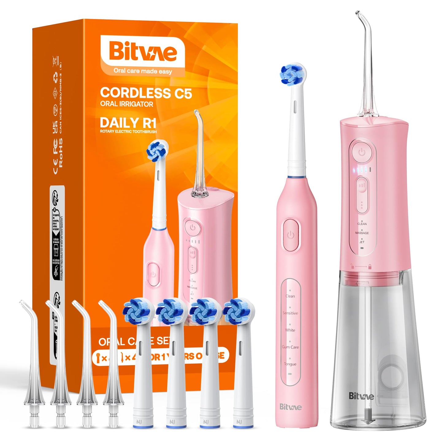Bitvae Water Dental Flosser Teeth Picks, Cordless Water Flosser for Teeth, Braces, Dental Care and Rechargeable Rotary Electric Toothbrush Combo Set, 4 Tips, 4 Brush Heads, Waterproof, Black, C5+R1