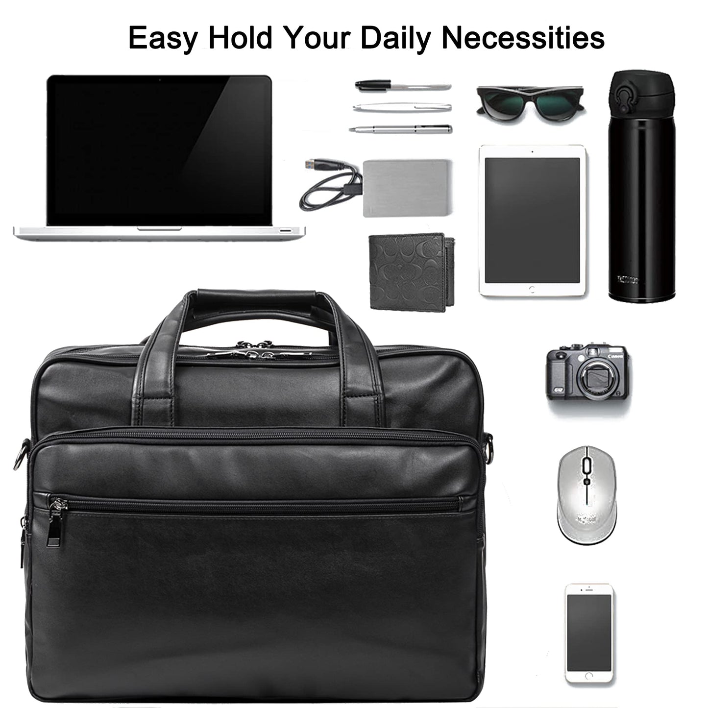 Leather Laptop Bag, Men's 15.6 Inches Messenger Briefcase Business Satchel Computer Handbag Shoulder Bag Fits 15.6 Inch Laptop Black