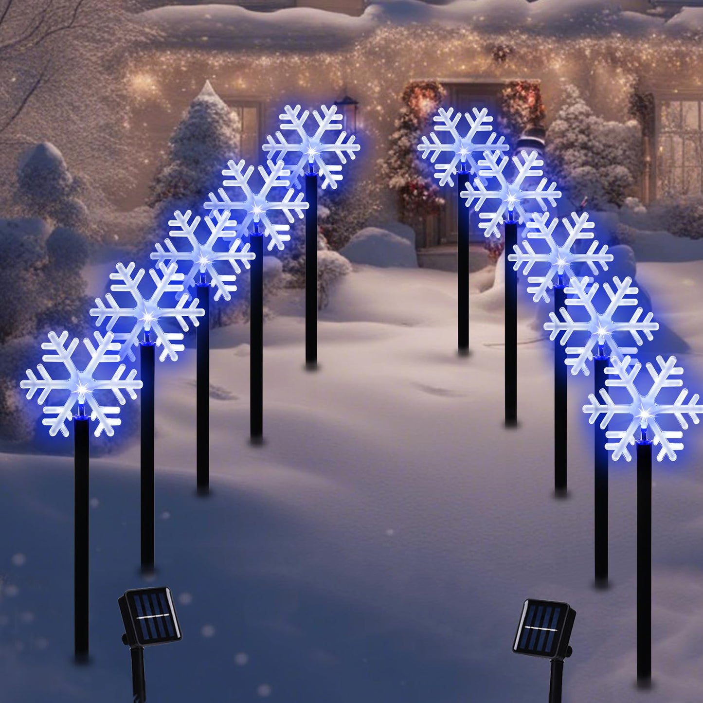 BRIGHTDECK Snowflake Solar Christmas Decorations Outdoor, 10 Pack LED Christmas Pathway Lights, Waterproof Snowflake Pathway Lights, Stake Lights for Christmas Garden Decor(10pcs Blue)