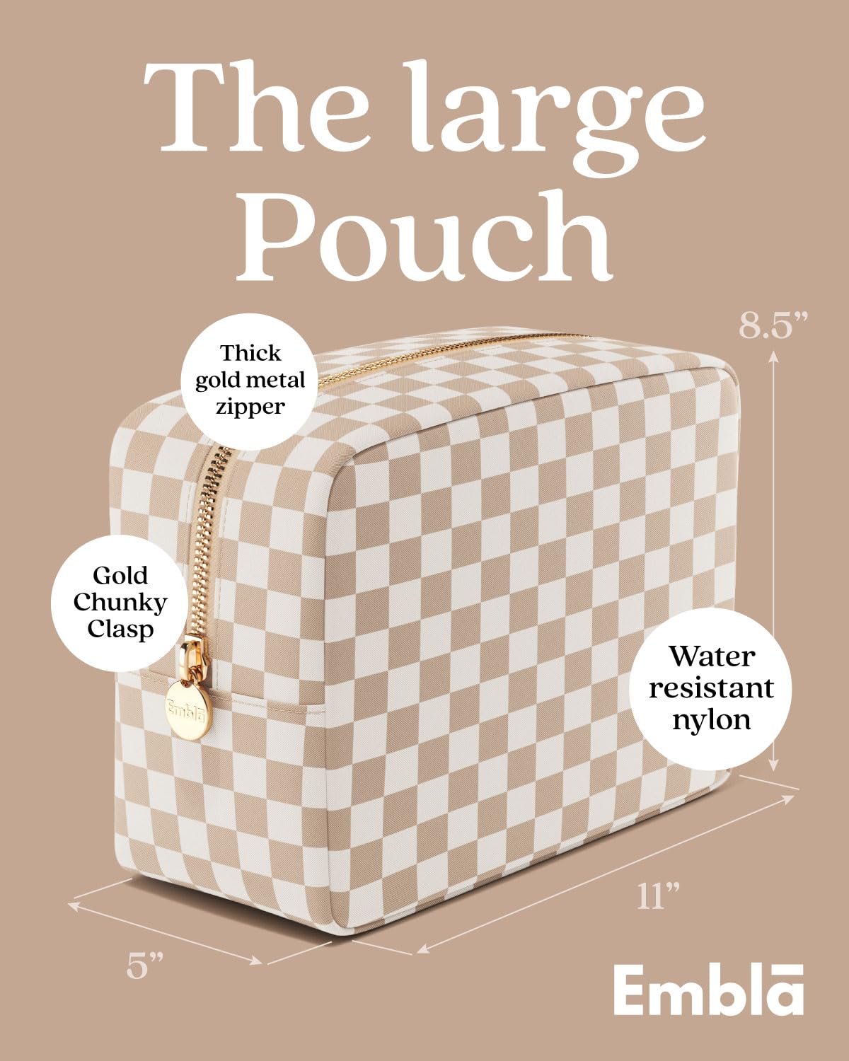 Embla Makeup Bag Travel Cosmetics Pouch and Toiletry Bag, Nylon Zipper Pouch Purse, Cute Make Up Organizer Storage Tote for Women Girls, Travel Skincare Case, Large Makeup Case, Sand Checkered
