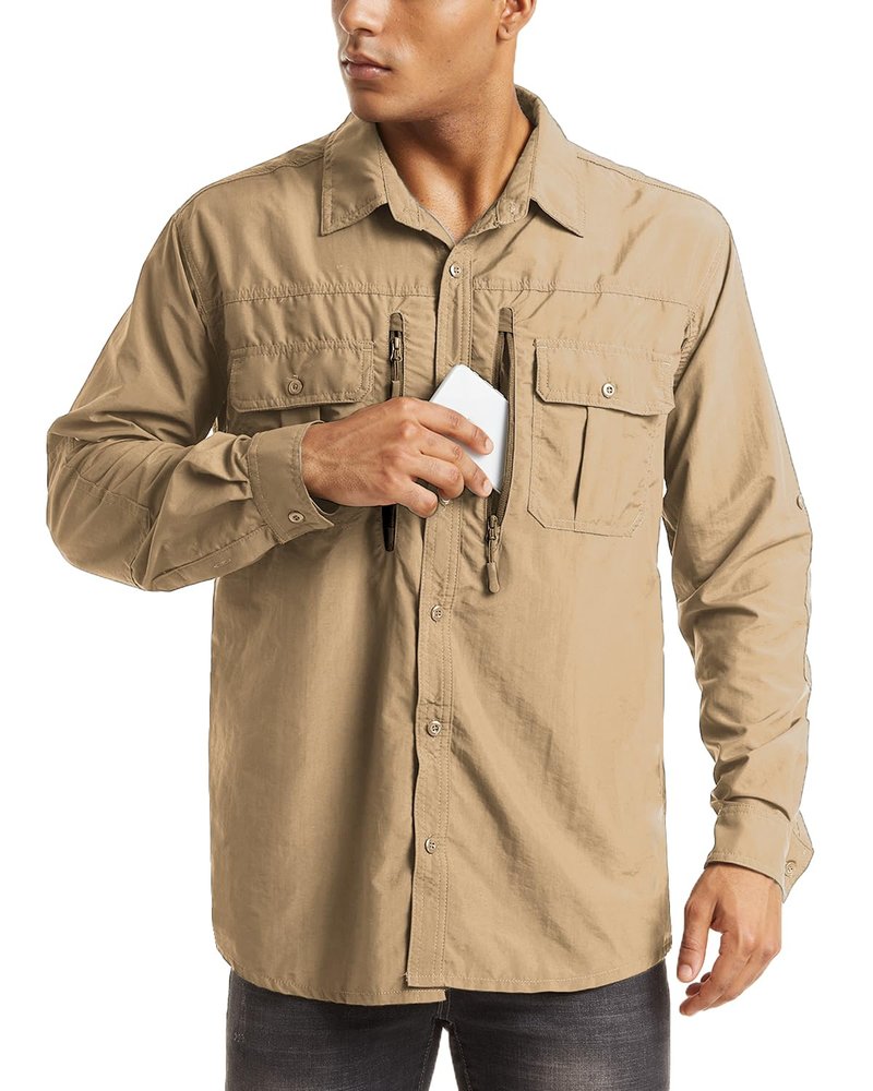 MAGCOMSEN UV Shirts for Men Long Sleeve Fishing Shirts Button Up Work Shirts for Men Hiking Shirts Quick Dry Tactical Shirts Khaki L