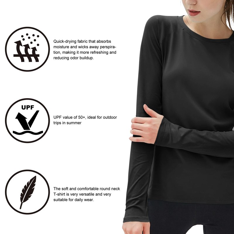 isnowood Women's Sun Protection Long Sleeve Shirts, UPF 50+ UV Rash Guard Swim Shirt, Workout Hiking Running Athletic Tops Black