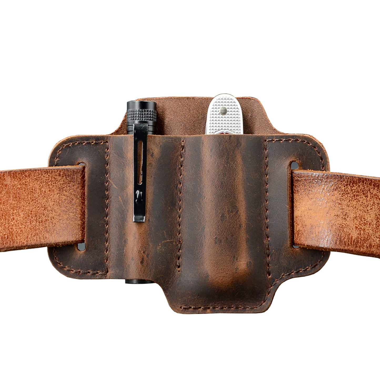 EDC Leather Knife Belt Sheath Tool Pouch, Small Tools Organizer, Fit Most 3.5" -4" Victorinox Knives, Fit 0.6" Wide Flashlights, EDC Holster, EDC Gear Carrier, Premium Leather. Chestnut.