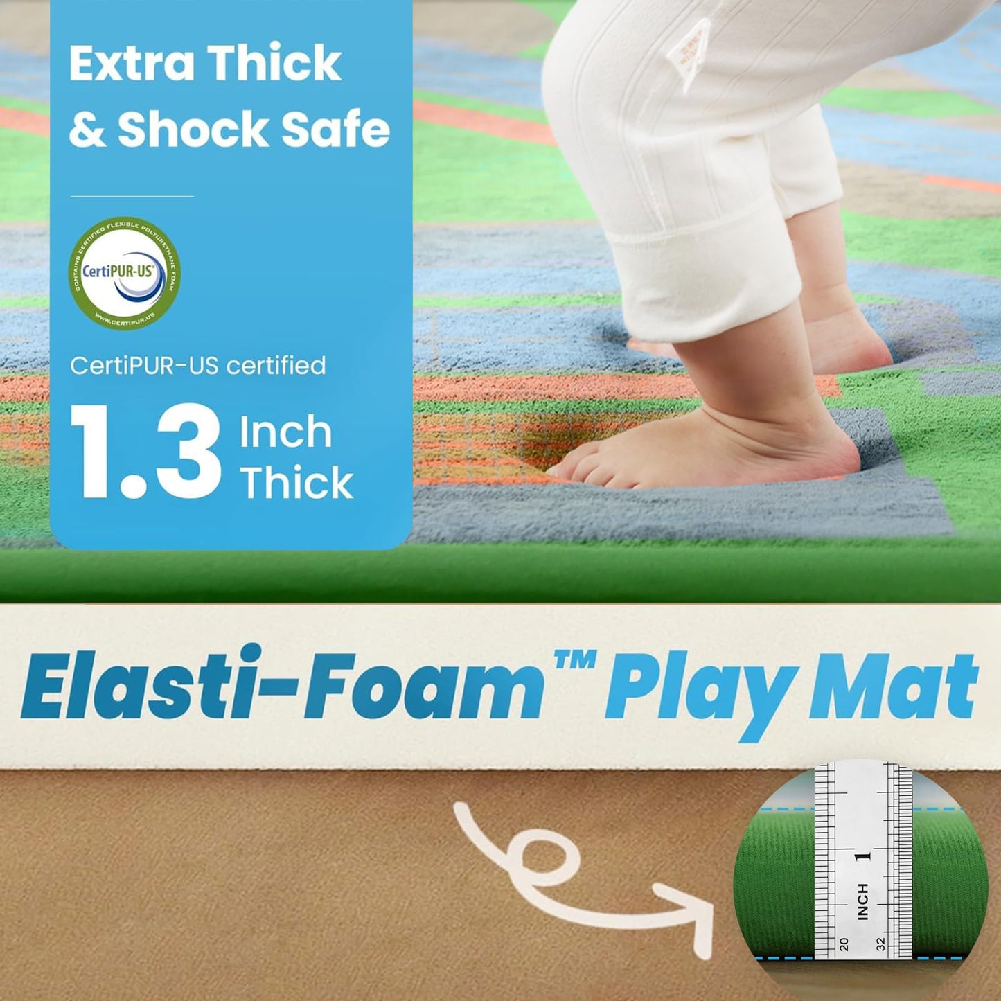 PaPaMat 1.3" Thick Educational Baby Floor Play Mat 59x79, Basic Padded Memory Foam Kids Mat, Non-Slip Plush Playmat for Nursery Playroom Classroom (Race Track)