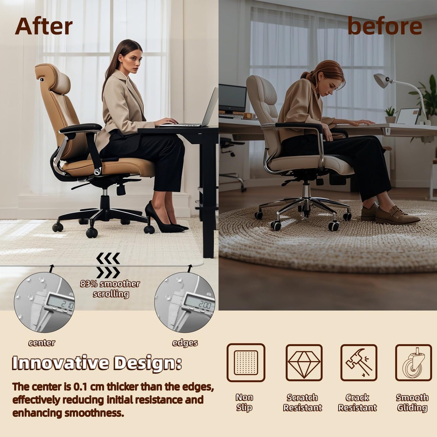 Lebata Office Chair Mat for Carpet Floor, 48" x 65", Slip Resistant Heavy Duty Under Desk Protector for Low Pile Carpets, Rolling Computer Mat with Studs for Home