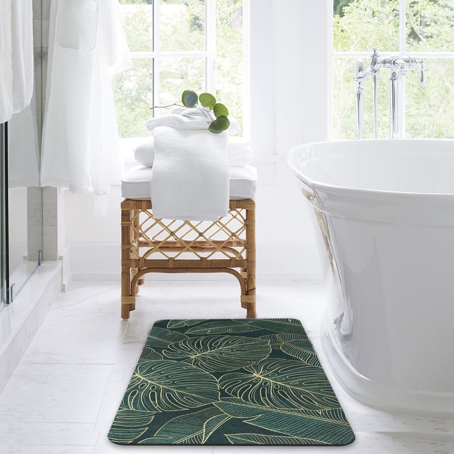 Arttown Tropical Leaves Bath Mat for Bathroom, Golden and Green Palm Leaf Quick Dry and Super Absorbent Bath Mat Rugs, Non Slip Rubber Backing Floor Rug 17x30 Inches for Kitchen Bedroom Indoor