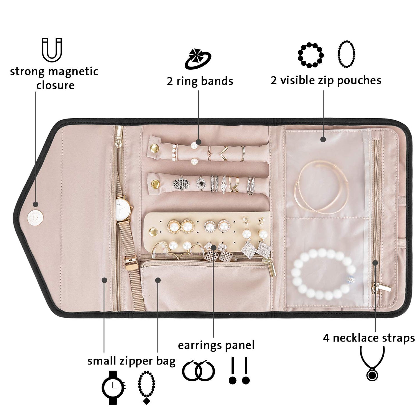 BAGSMART Travel Jewelry Organizer Roll Foldable Jewelry Case for Journey-Rings, Necklaces, Bracelets, Earrings, Black