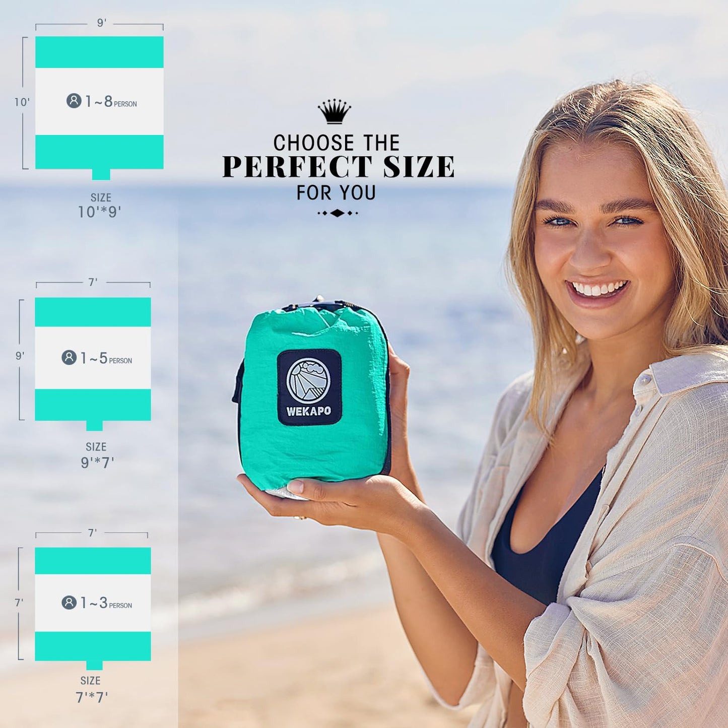 WEKAPO Beach Blanket - Sandproof Waterproof Extra Large Beach Mat | Oversized Sand-Free Lightweight Quick-Drying | Beach Vacation Essentials with Stakes & Corner Pockets (Turquoise, 7x7 FT)