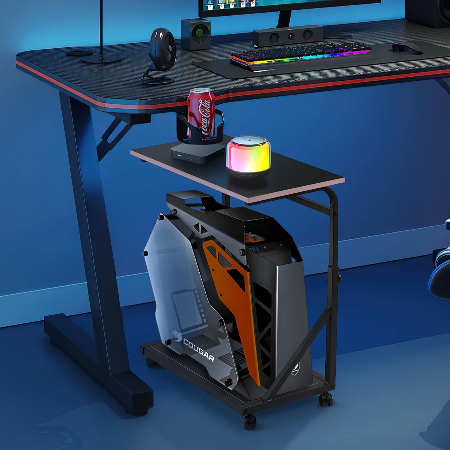 FUSLITE Ergonomic Height Adjustable Computer Tower Stand, 2-Tier CPU Holder Cart Under Desk, PC Floor Stand for Office Gaming Room, Black and Pink